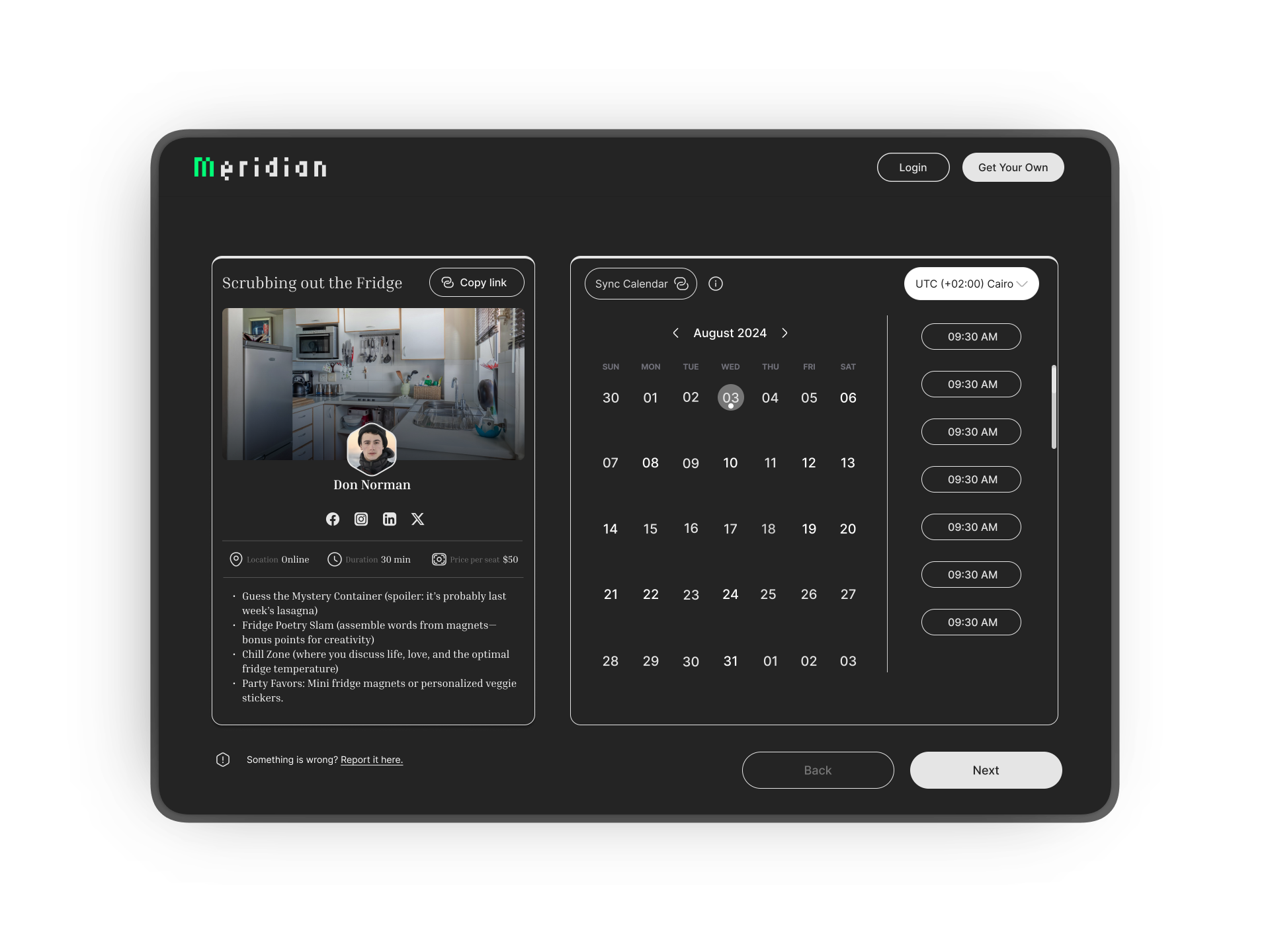 Public profile with calendar picker